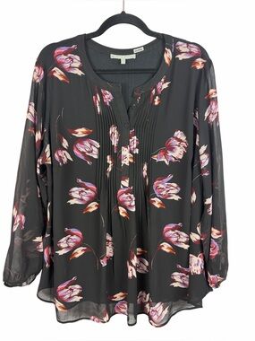 Daniel Rainn Black Floral Pleated Blouse 1X Sheer Long Sleeve Boho Top